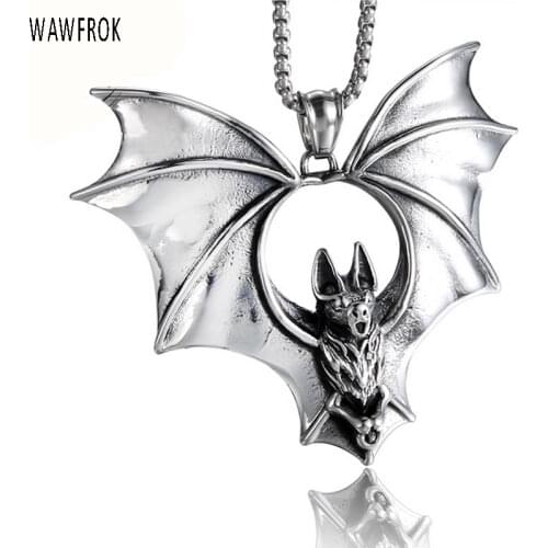WAWFROK Vintage Punk Chain Bats Pendant Necklace Black Enamel Vampire Bat Stainless Steel Necklace & Pendant Men colar jewelry