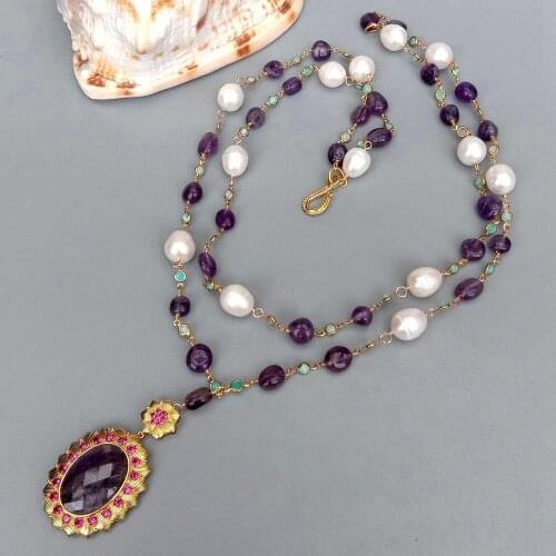 YYGEM 2 Strands Natural White Freshwater Pearl Purple Amethyst Amazonite nugget Chain Necklace Amethyst Pendant 21"