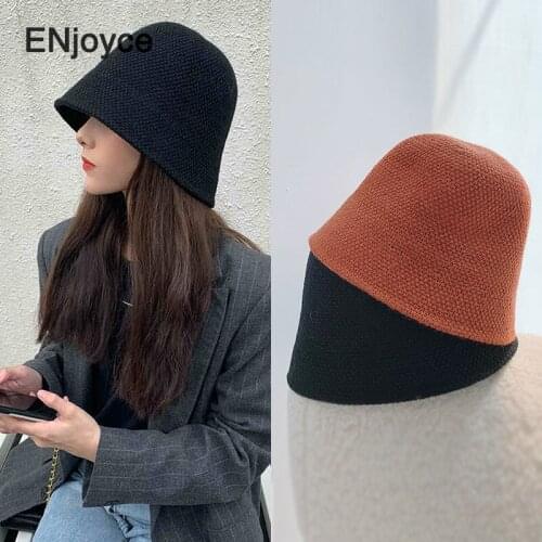 ENjoyce Winter Wool Blended Knitted Fisherman Hats for Women Bucket Fisher Cap Korean Fashion Black Warm Fishing Hat