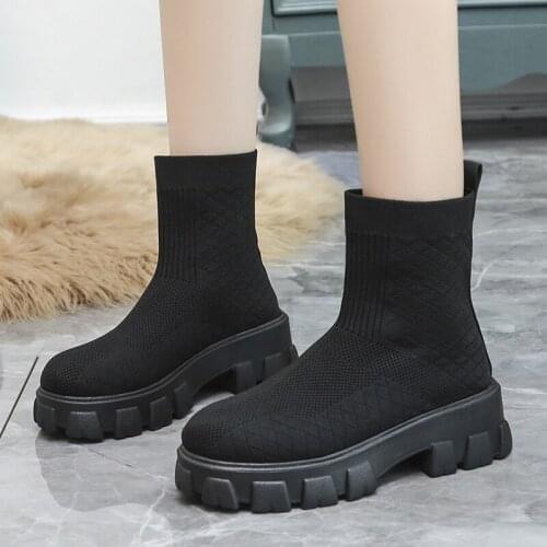 Women Platform Sock Boots 2021 Summer Autumn Ladies Breathable Short Ankle Boots Female Mid Heels Woman Comfort Shoes Plus Sized