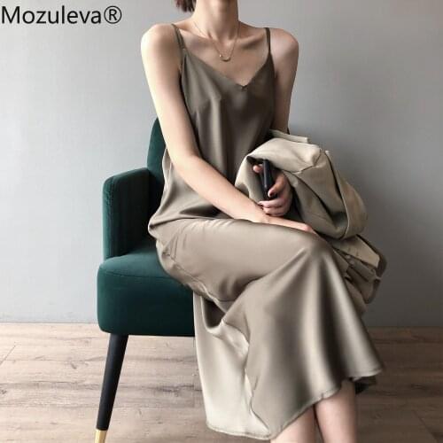Mozuleva Women 2021 Summer Casual A-Line Sleeveless Sexy Satin Dress Ruffles Party Long Vestidos Casual Suspender Dress