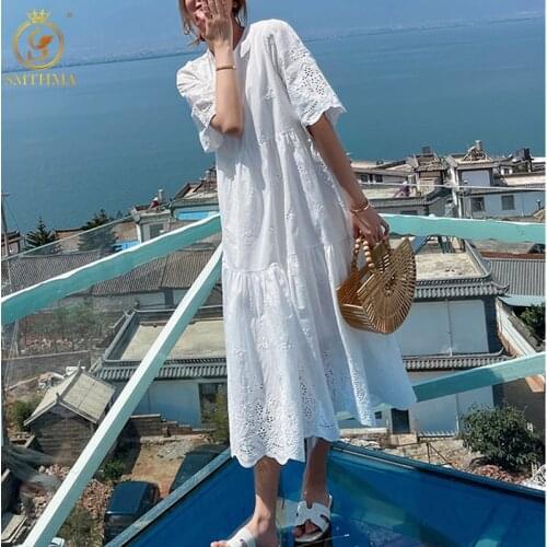 SMTHMA 2021 New Arrival Sweet Summer Vacation Dresses Womens Lace Hollow Out Embroidered White Loose Dress Vestidos
