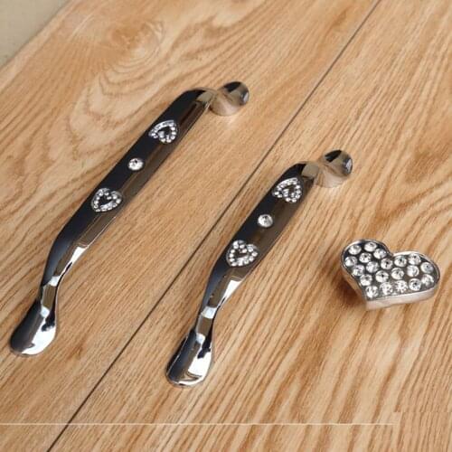 128mm Creative fashion glass crystal dresser wine cabinet handles silver chrome rhinestone love heart drawer cabinet knobs pulls