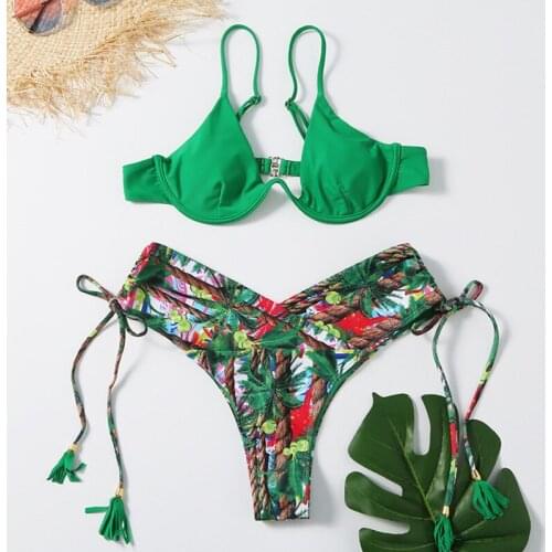 Print Bikinis 2021 Push Up Swimwear String Underwire Bathing Suit Sexy High Cut Swimsuit Women Drawstring Bikini Set Beach Wear