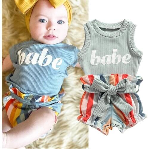 0-24Months Summer Newborn Girls Baby Sets Letter Print Ribbed Tank Top + Elastic Waist Bow Belt Vertical Stripes Rainbow Shorts