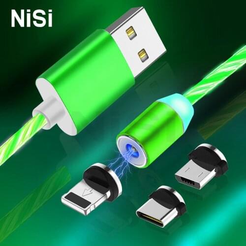 NISI 1M 3.28ft Flowing LED Lights Magnetic Charging Cable 8Pin IOS/Type C/Micro USB Plug 360 Degree Rotating TPE Charge Cables