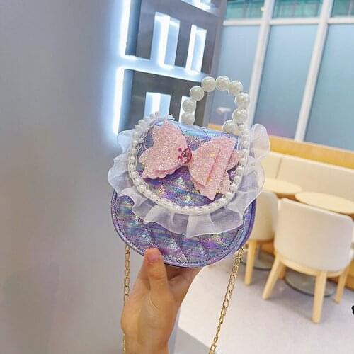 Fashion Princess Bowknot Coin Purse Handbags Baby Girls Pearl Chain Mini Crossbody Bag Lovely Childrens Small Shoulder Bags