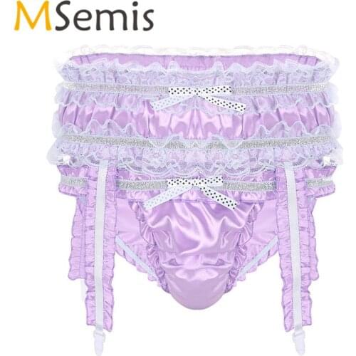 Mens Sissy Lingerie Soft Shiny Satin Panties with Garters Ruffled Frilly Low Rise Stretchy Sissy Bikini Briefs Underwear Panties