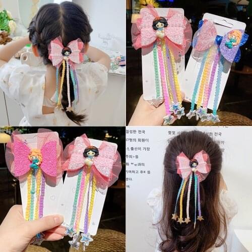 New Girls Cute Double Layer Bow Sequins Tassel Hair Clips Princess Glitter Hairpins Decorate Headband Fashion Hair Accessories
