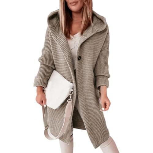 Solid Color Long Sleeve Women Cardigan Autumn Winter Two Buttons Hooded Sweater Coat Outerwear