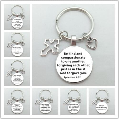 Christian Bible Keychains Cross Heart Charms Scripture Verse Stainless Steel Pendant Key Chain Religious Faith Jewelry