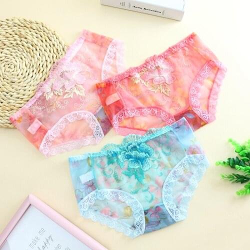 3pcs Sexy Lace Panties Floral Embroidery Transparent Briefs Woman Underwear Tong Cotton Seamless