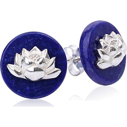 Lotus Fun Real 925 Sterling Silver Natural Lapis Creative Handmade Fine Jewelry Vintage Flower Stud Earrings for Women Brincos