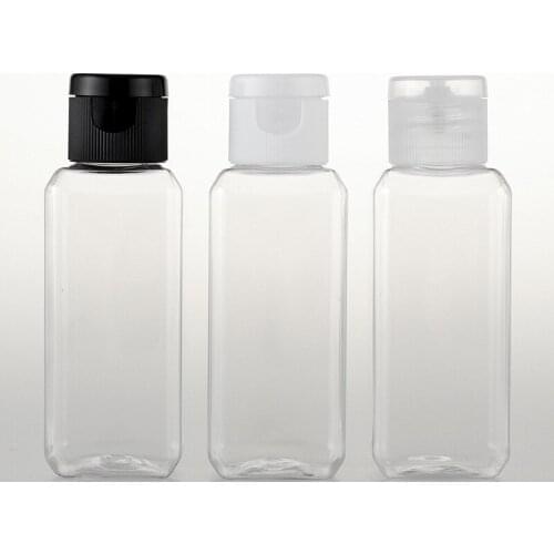 100pcs 50ml empty square transparent plastic bottles with flip top cap ,50ml travel PET makeup bottle for cosmetic packaging