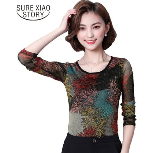 2021 Autumn Korean Fashion Slim Was Thin New Net Yarn Printing Primer Shirt Long Sleeve O Neck Lace Women Blouse Top 606H 30