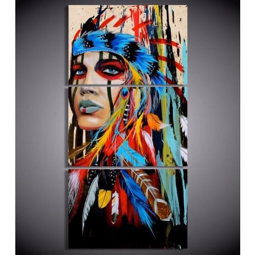 Watercolor The Indians feathered DIY Art Oil Wall head portrait Picture 3 Panel colorful canvas prints painting Home Decoration