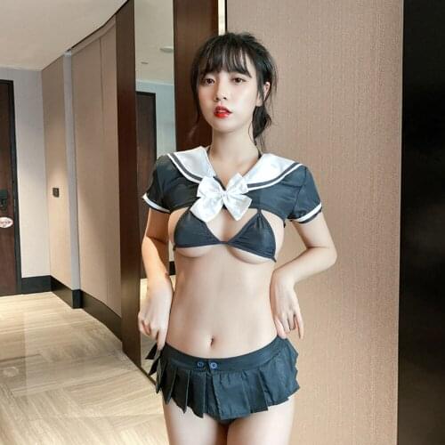Free Shipping Sexy Student Uniform Temptation Chest Bare Passion Slutty Clothes Womens Lingerie Low Cut Thong Sex Erotic Skirt