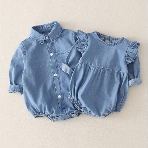 Baby Rompers Spring Autumn Long Sleeve Ruffle Denim Jackets for Girl Toddler Boys One-Pieces High Quality Korean Child Bodysuits