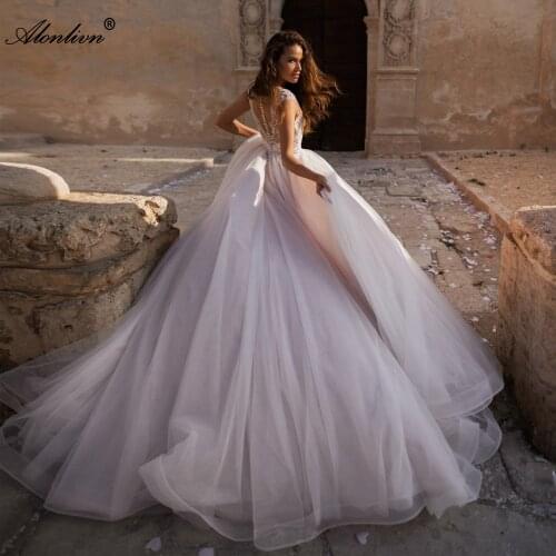 Alonlivn Elegant Tulle Beading Crystals A-Line Wedding Dress V-Neck Bridal Gowns With Button
