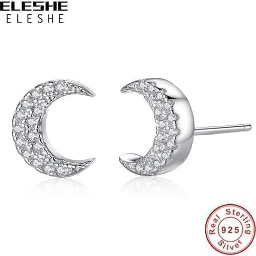 ELESHE Wholesale Clear CZ Moon Stud Earrings Real 925 Sterling Silver Luxury Earrings Party Dating For Women Jewelry