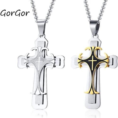 GorGor 2020 Man Trendy Necklace Titanium Steel Vintage Multi-layer Cross Design Unisex Fashion Pendant PN-097