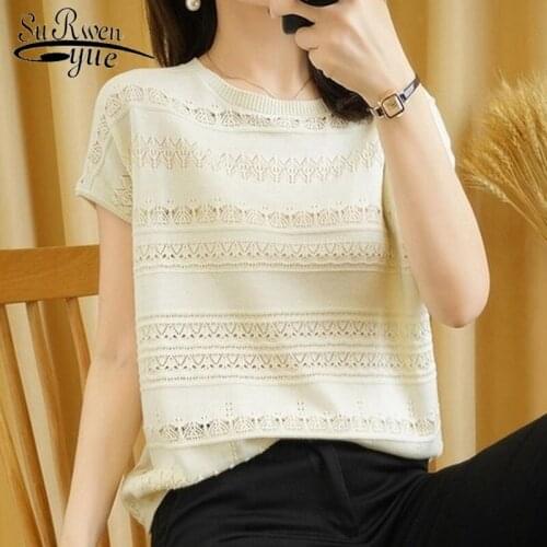 Cotton T-shirt Women 2021 Summer New Round Neck Pullover Pure Color Knitwear Plus Size Casual Sweater Short Sleeve Tees 14642