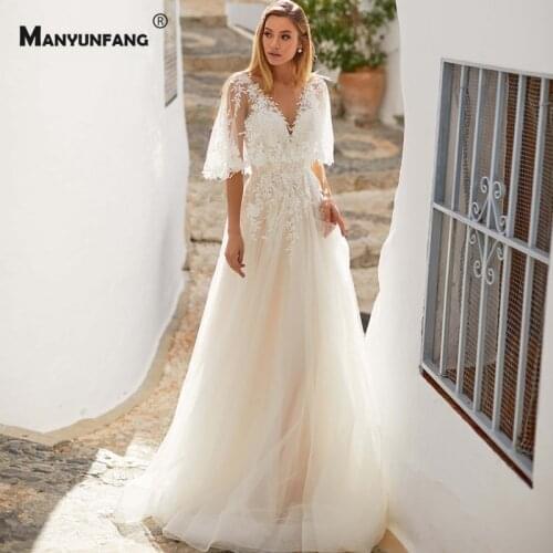 Custom Made Backless Batwing Sleeve Chapel Train A-Line Wedding Dress High-End V-Neck Embroidery Appliques Tulle Bridal Gown