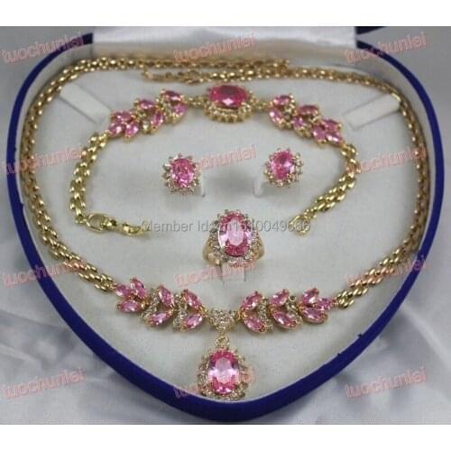 Hot sale FREE SHIPPING >>>Wonderful Pink Zircon Gem Pendants Necklace Bracelet Earring Ring Set