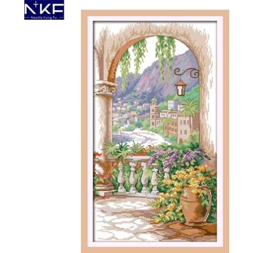 NKF Courtyard scenery style embroidery kits modern designs Christmas cross stitch embroidery patterns for home decoration