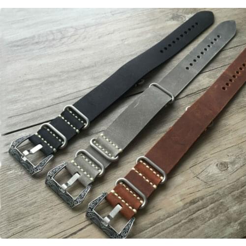New Gray Black Black Handmade Strap For NATO 20mm 22mm 24mm 26mm Mens Crazy Horse Leather Strap With Carved Buckle