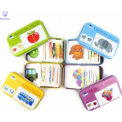 Baby Kids Cognition Puzzle Toys Toddler Iron Box Cards Matching Game Cognitive Card Vehicl/Fruit/Animal/Life Set Pair Puzzle