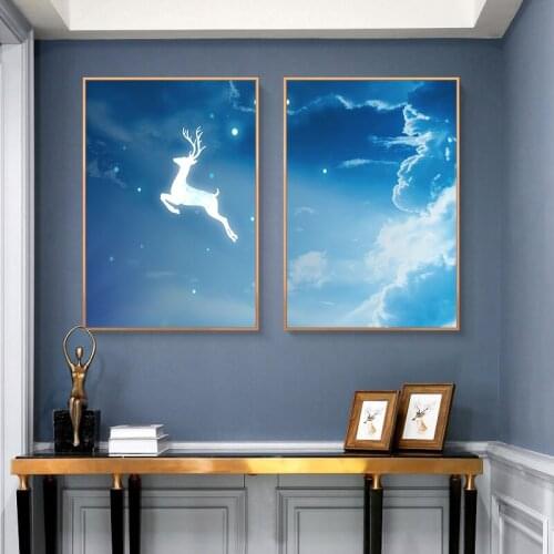 Dream Posters and Prints Deer Crossed The Sky Wall Picture for Living Room Decoration Bedroom Door Canvas Painting Cloud Star