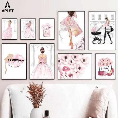 Pink Flower Dress Fashion Girls Makeup Poster Sexy Woman Lips Perfume Shoes Canvas Prints Picture Lady Paintings Home Decoration