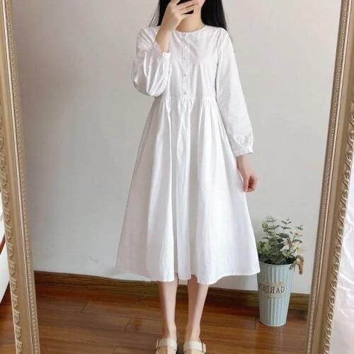 Japanese dress ladies literary pure color round neck regular sleeve mid-length dress ladies 2021 spring and autumn models