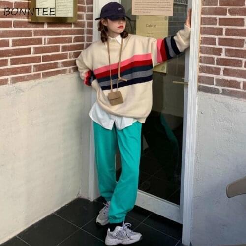 Women Pullovers Knitted Autumn Sweaters Patchwork Long Sleeve O-neck Harajuku Streetwear Korean Style Casual Chic Loose Ulzzang