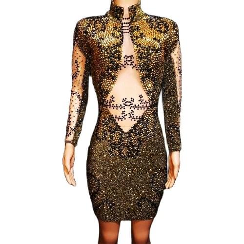 Long Sleeve Gold Rhinestones Evening Prom Dresses Celebrate Party Night Summer Outfit Leotard Stretch Bar Costumes