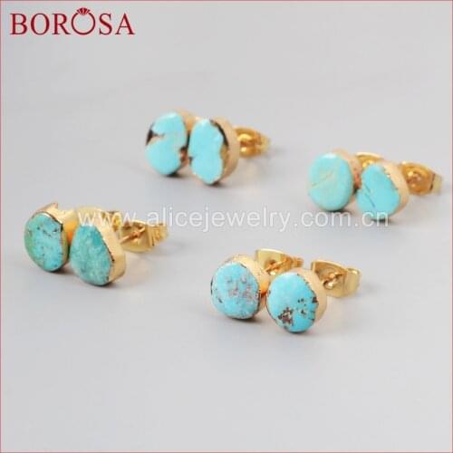 BOROSA Blue Stone Studs 100% Natural Turquoises Howlite Studs Earrings Druzy Jewelry Gold Color Freeform Drusy Jewelry G1017