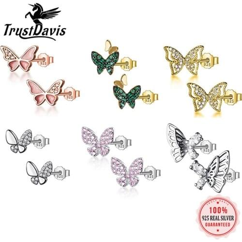 TrustDavis Real 925 Sterling Silver Fashion Insect Butterfly Shiny CZ Stud Earrings For Women Wedding Party Fine Jewelry DS03