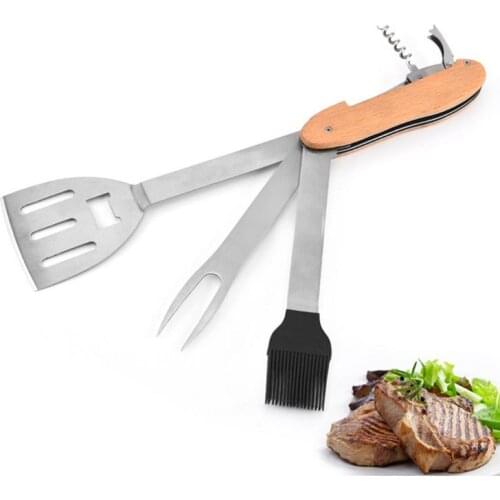 BBQ Roasting Fork Wood Handle Multifunctional Barbecue Fork Oil Brush Shovel Grilling Tools Wine Beer Bottle Opener
