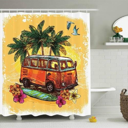 Surf Shower Curtain Hippie Classic Old Bus with Surfboard Freedom Holiday Exotic Life Sketch Art Fabric Bathroom Decor Set