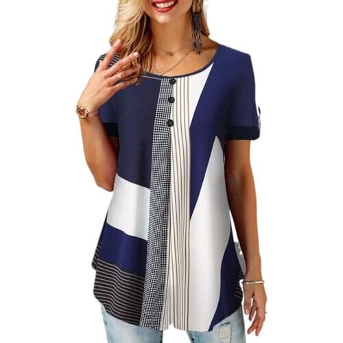 5XL Plus Size Women Fashion Short Sleeve Round Neck Geometric Print Loose T Shirt Button Casual Summer Chic Tops