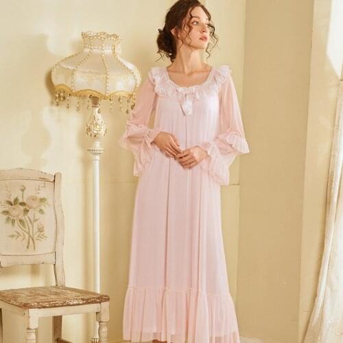 Wasteheart Pink White Women Homewear Female Sexy Sleepwear Night Dress Long Lace O Neck Nightwear Nightgown Sleepwear Court Mesh
