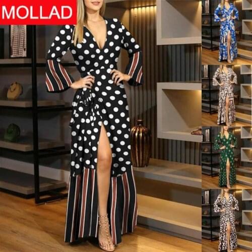 Womens Clothing Hot Cross-Border European and American Autumn and Winter Printing Sexy V-neck Long Sleeve Maxi Dress