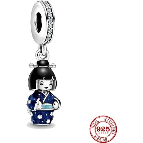 New 925 Sterling Silver Japanese Doll in Blue Kimono Charm DIY Fine Beads Fit Original Pandora Charms Bracelet For Women Jewelry
