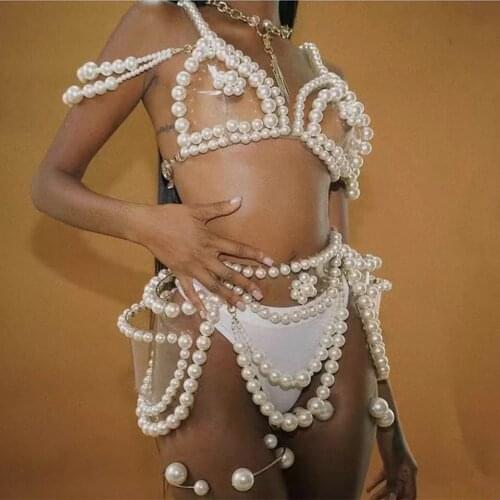 European and American exaggerated imitation pearl body chain text chest waist belly chain womens Pearl Sexy Bra Bikini Body Sui