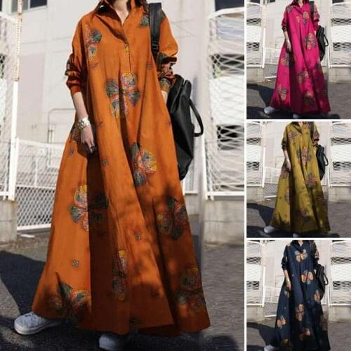 The New 2021 Spring Four Seasons Art Print National Style Retro Womens Cotton Cardigan Pullover Round Neck Large Swing Dress