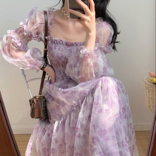 French Vintage Floral One Piece Dress Korean 2021 Summer Chic Elegant Beach Dress Women Puffer Sleeve Design Cake Dress Female