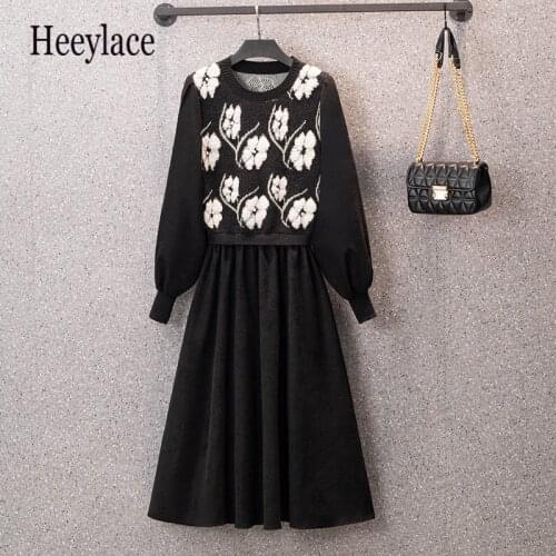 Plus Size dress Elegant Vintage a-line sweater dress women O neck long sleeve knitted dress Office autumn winter Robe Femme 4XL