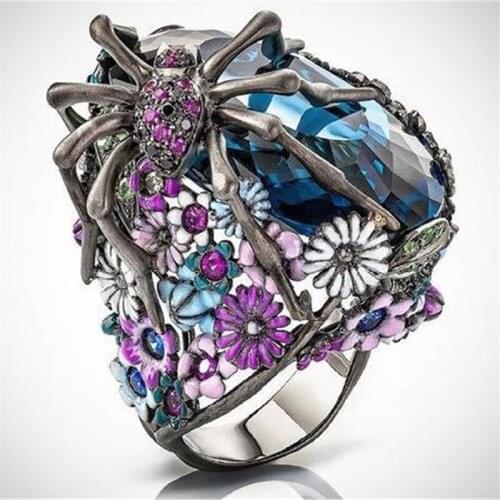 Chic Statement Blue Crystal Ring Big Spider Flower Wedding Ring for Woman Vintage Jewelry Halloween Gifts