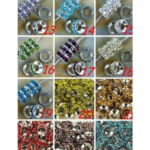 10mm 100pcs/lot white mixed multicolor p2345 Rondelle Spacer Beads Lot round silver Plated Big Hole European Bead crystal